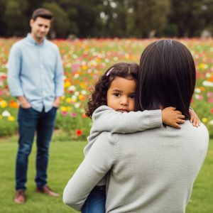 child reaching for her mother, seemingly rejecting her father who is reaching out to her.