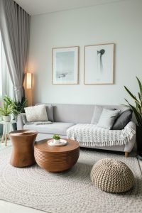 Modern living room with a comfortable grey sofa, wooden coffee tables, and soft natural lighting, creating a calm and inviting atmosphere conducive to conversation